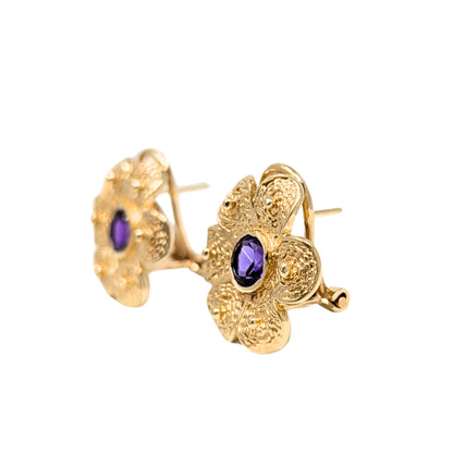 14K Gold Amethyst Daisy Flower Earrings