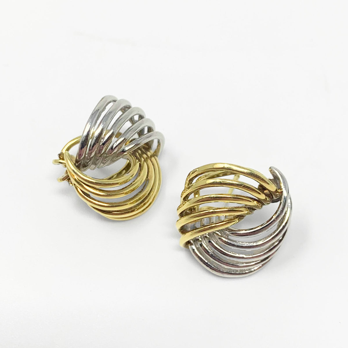 14K Two-Tone Gold Button Swirl Earrings