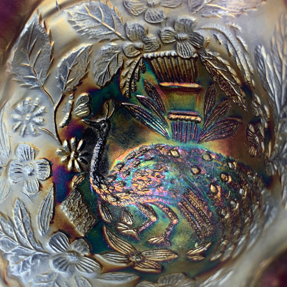 Peacock & Urn 6" Black Amethyst Carnival Glass Bowl