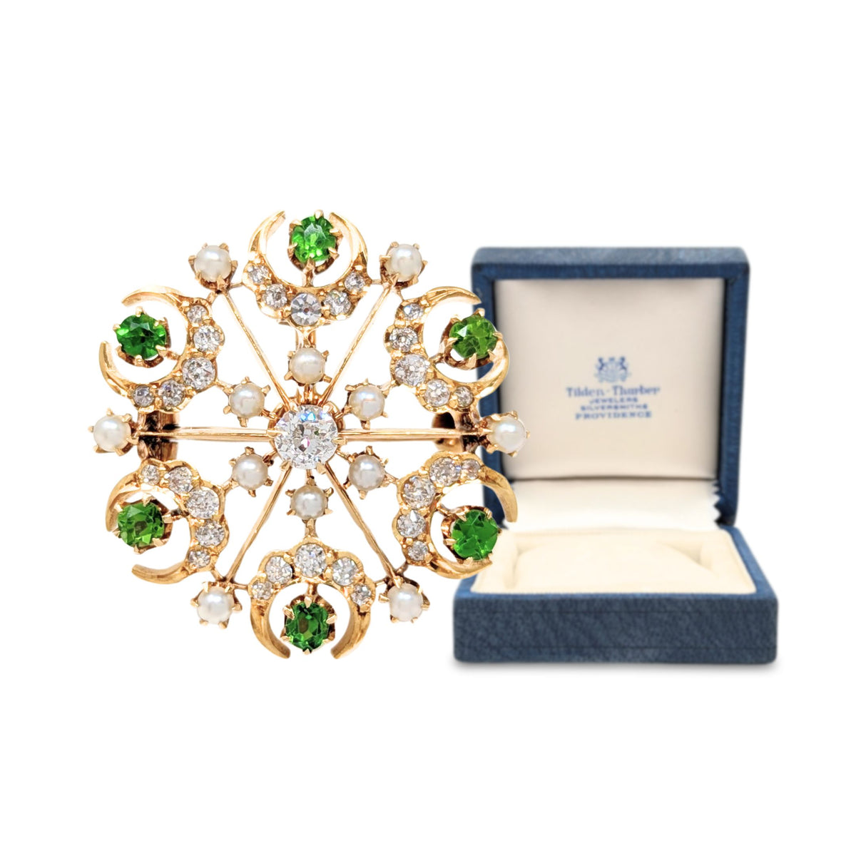 Edwardian 18K Gold Diamond, Peridot, & Pearl Brooch