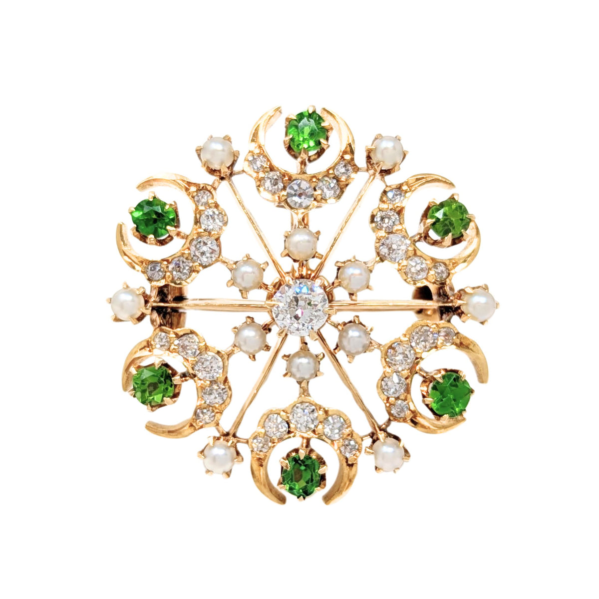 Edwardian 18K Gold Diamond, Peridot, & Pearl Brooch