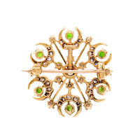 Edwardian 18K Gold Diamond, Peridot, & Pearl Brooch