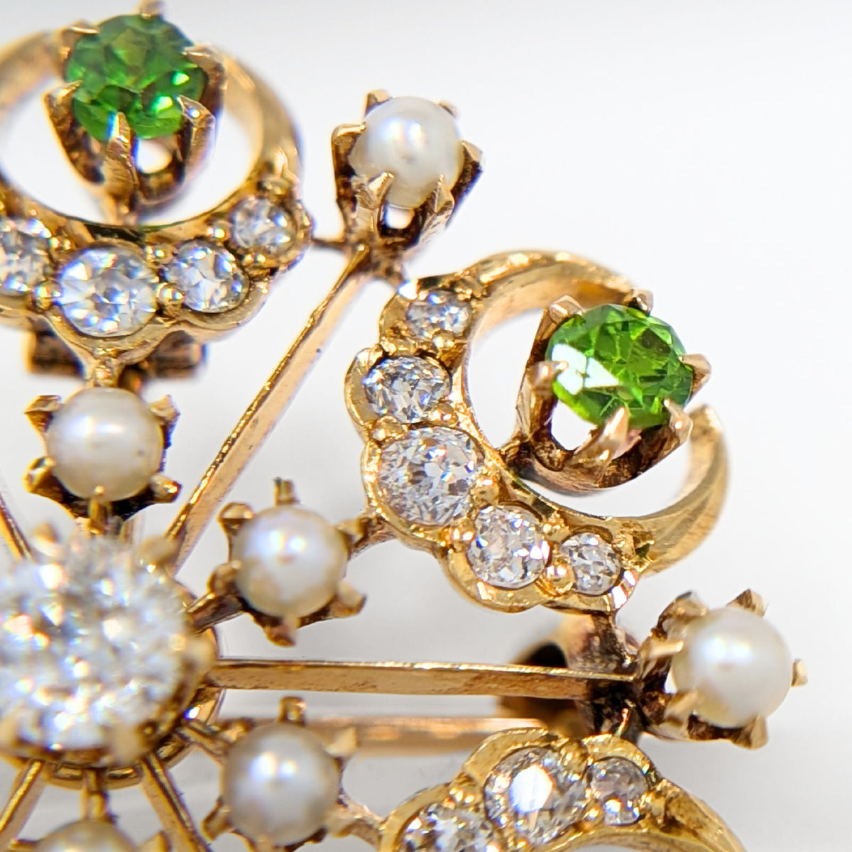 Edwardian 18K Gold Diamond, Peridot, & Pearl Brooch