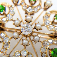 Edwardian 18K Gold Diamond, Peridot, & Pearl Brooch