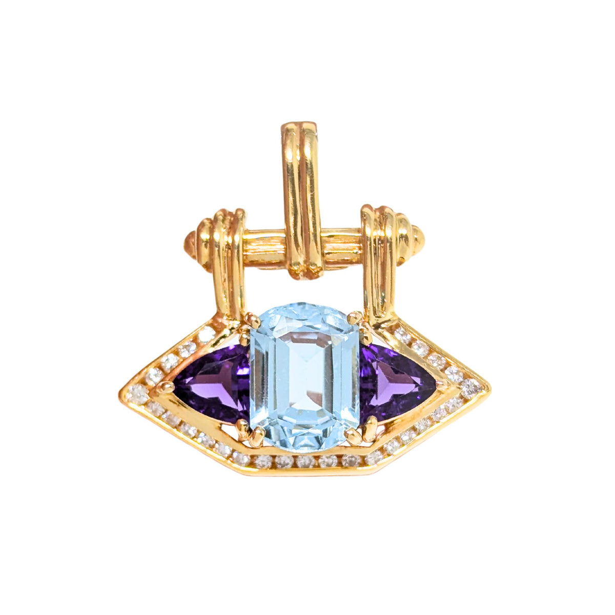 18K Gold Topaz, Amethyst, and Diamond Modern Pendant