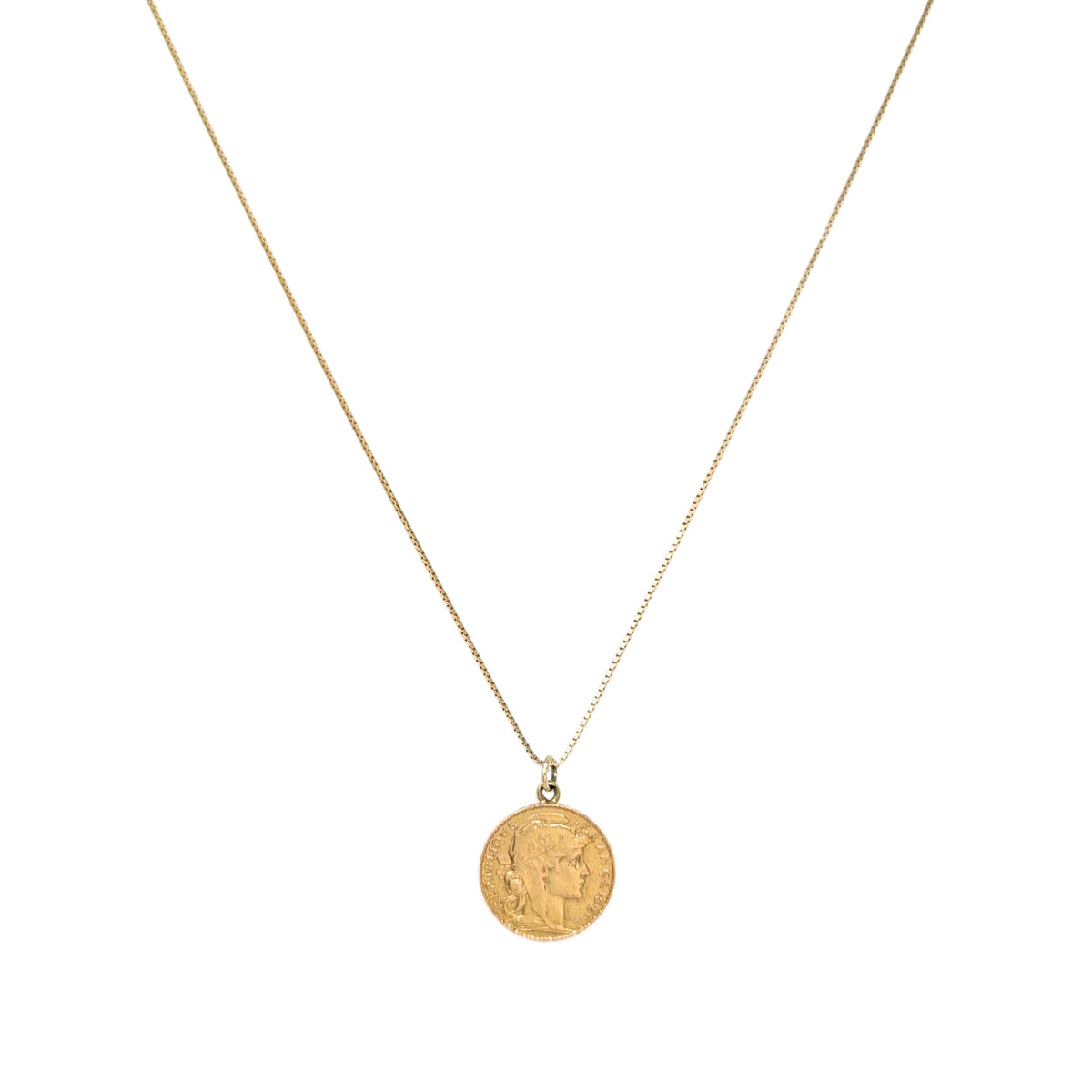 French 20 Franc Gold Coin Necklace on 14K Gold Box Chain