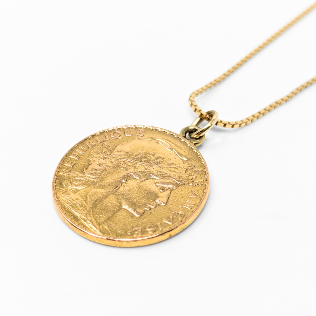 French 20 Franc Gold Coin Necklace on 14K Gold Box Chain