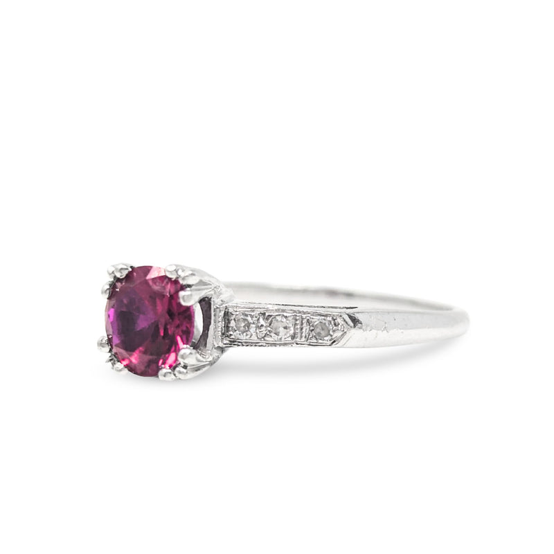 Vintage 14K White Gold Raspberry Spinel & Diamond Ring - Size 8