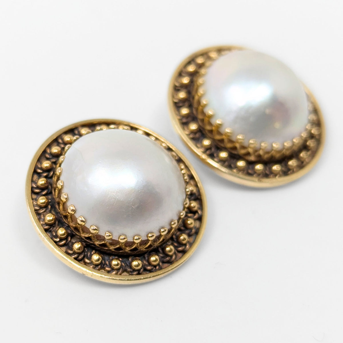 14K Gold Mabe Pearl Button Clip-On Earrings