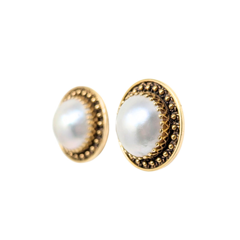 14K Gold Mabe Pearl Button Clip-On Earrings