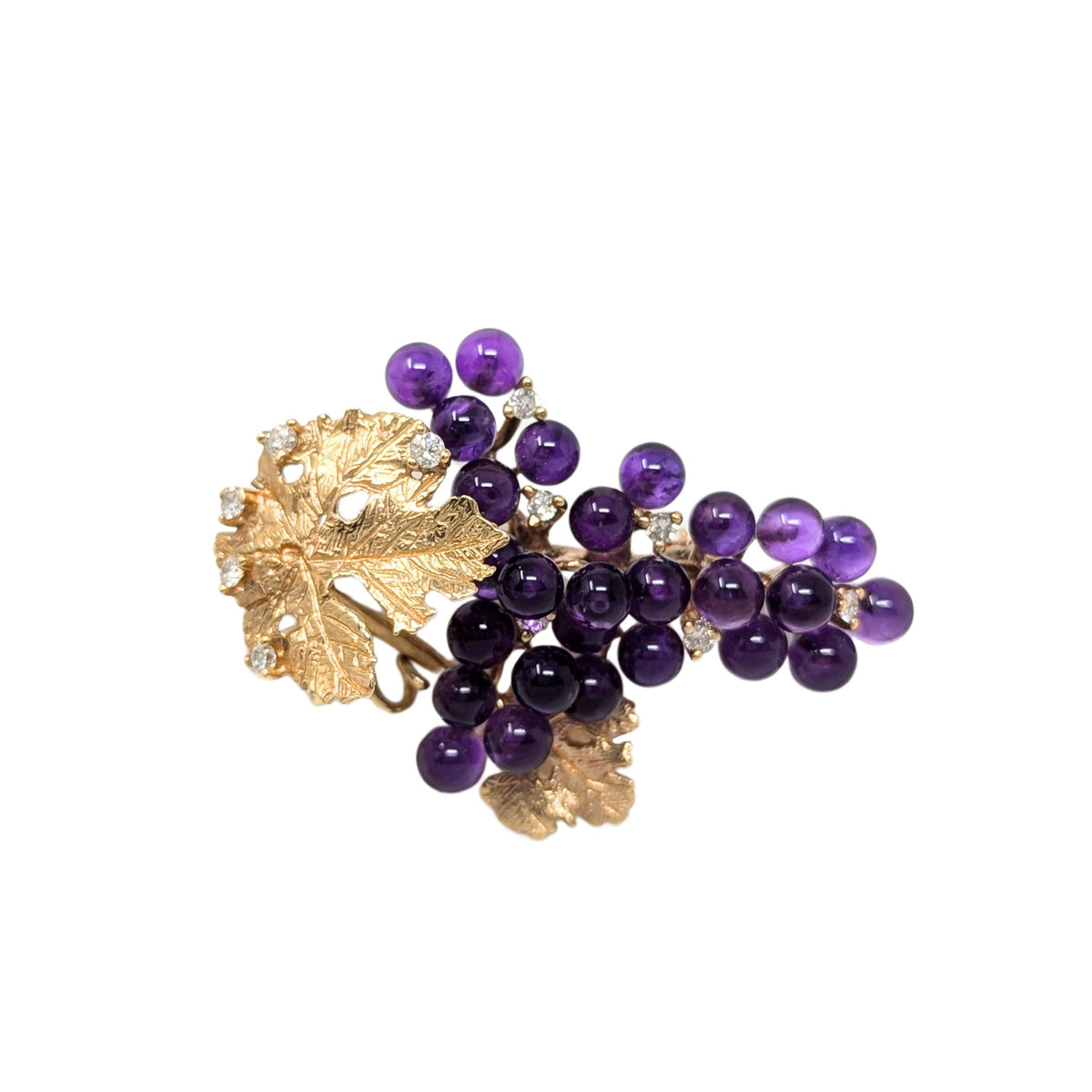 14K Gold Amethyst & Diamond Grapes on Vine Brooch