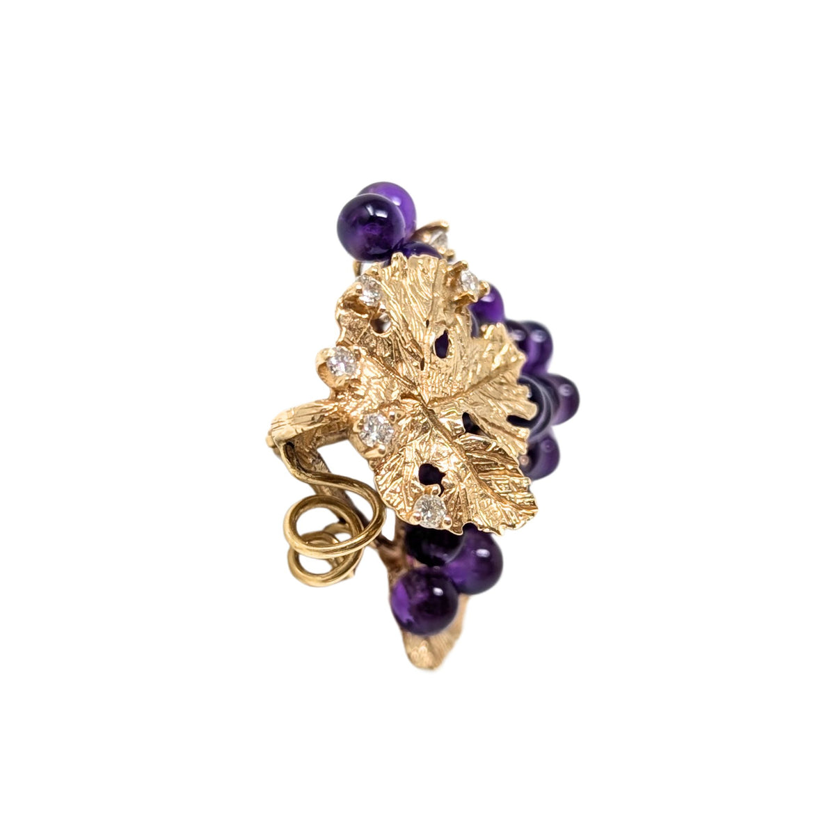 14K Gold Amethyst & Diamond Grapes on Vine Brooch