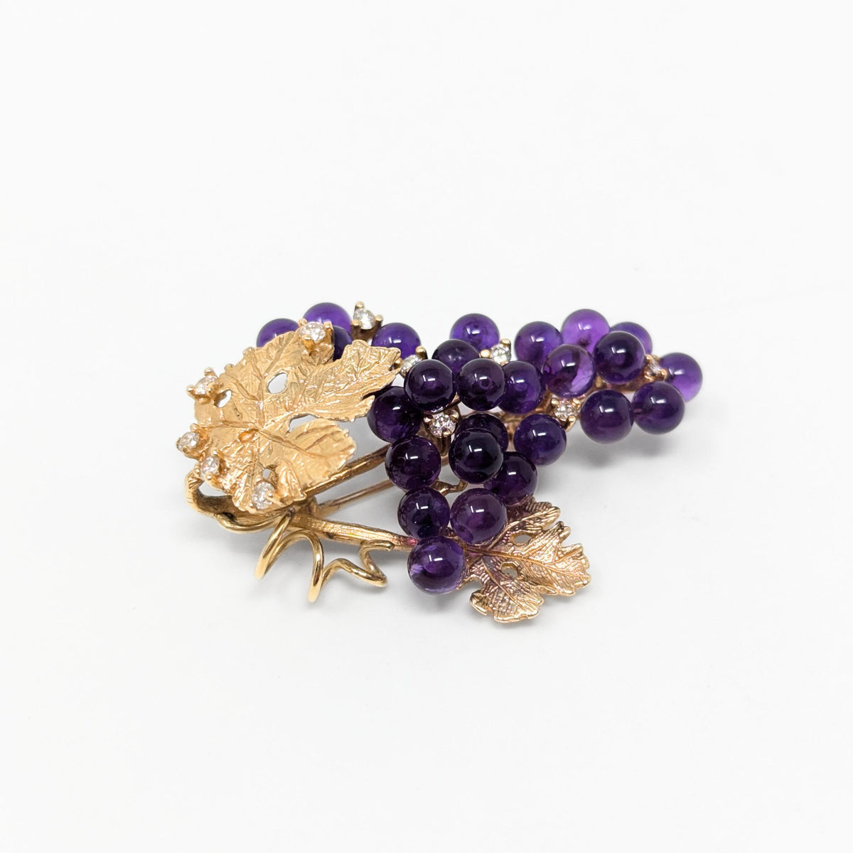 14K Gold Amethyst & Diamond Grapes on Vine Brooch