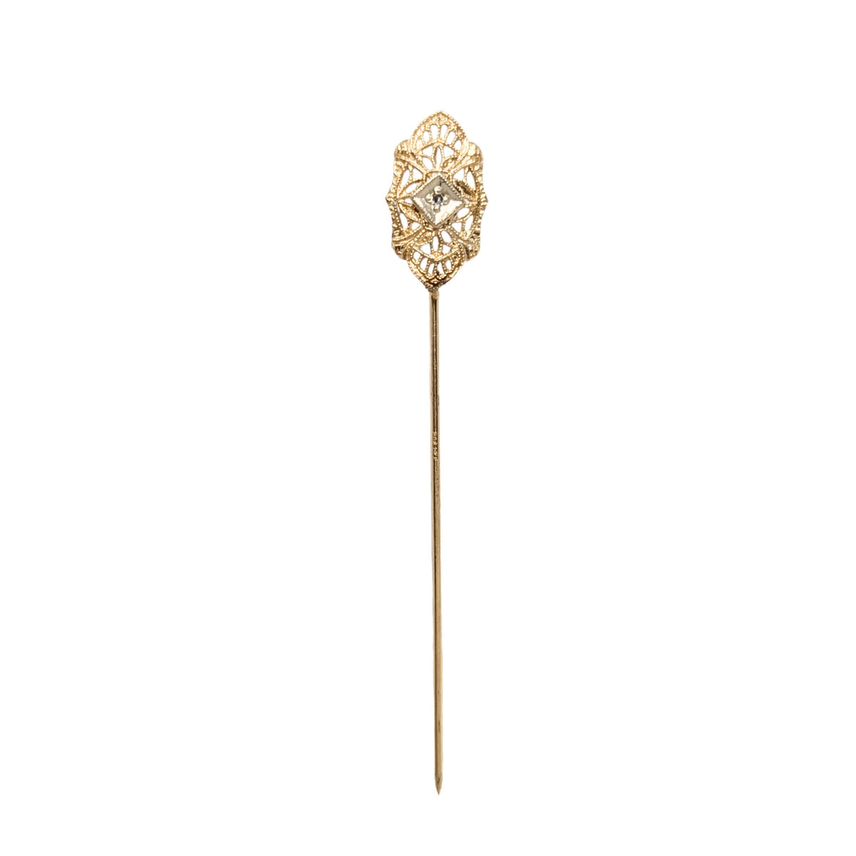 Victorian 14K Gold Diamond Filigree Stick Pin