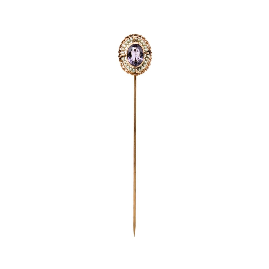 Victorian 10K Gold Amethyst & Seed Pearl Stick Pin