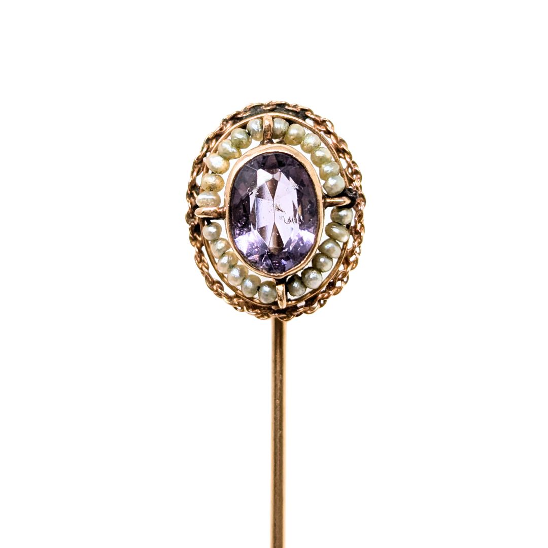 Victorian 10K Gold Amethyst & Seed Pearl Stick Pin