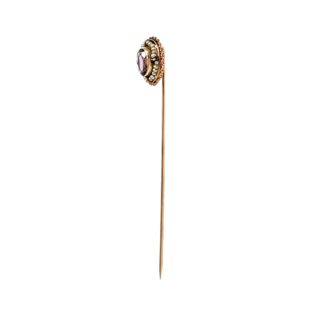 Victorian 10K Gold Amethyst & Seed Pearl Stick Pin