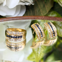 18K Gold Blue Sapphire & Diamond Ring & Earrings Set