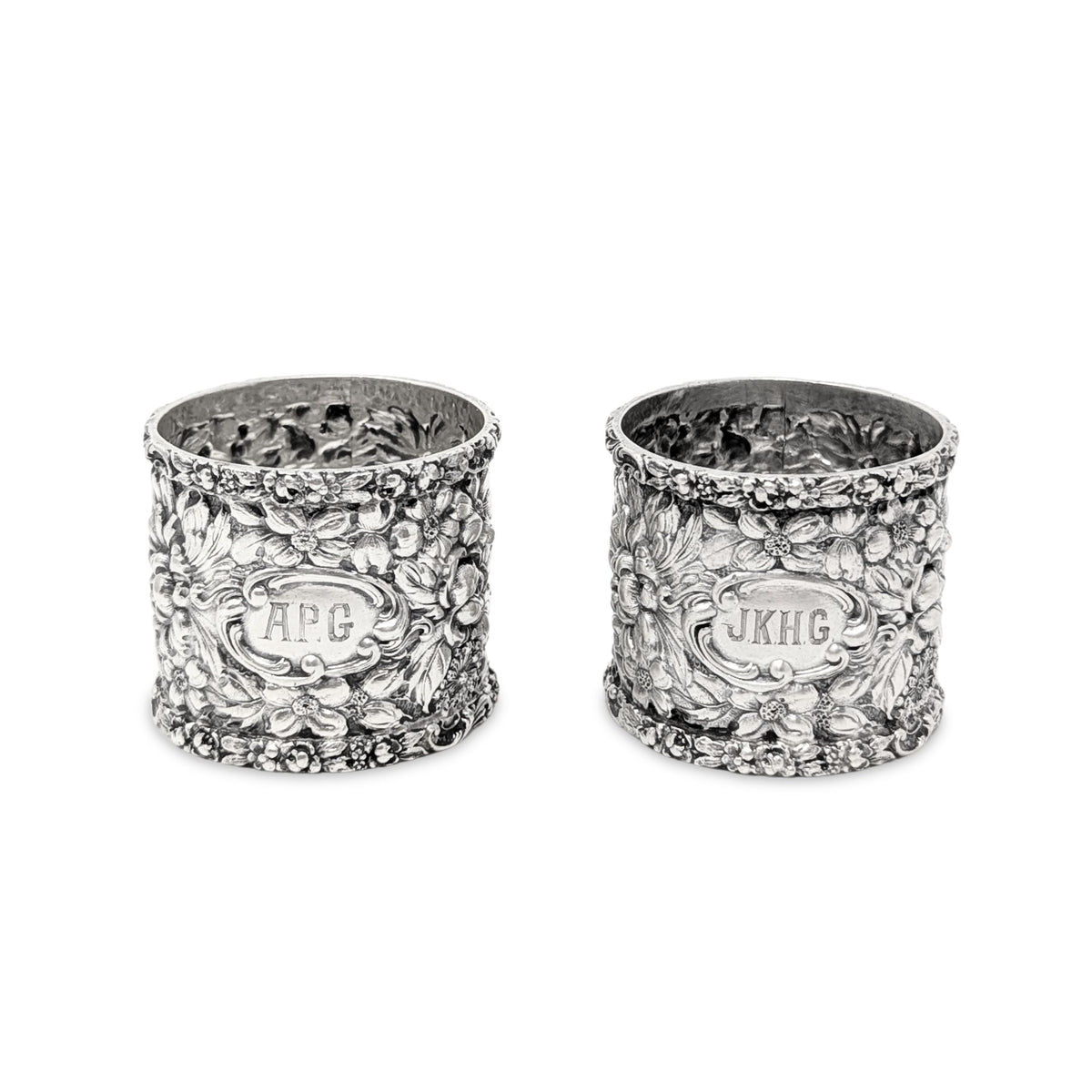 Stieff "Rose" Sterling Silver Wide Napkin Rings (Pair), Monogrammed