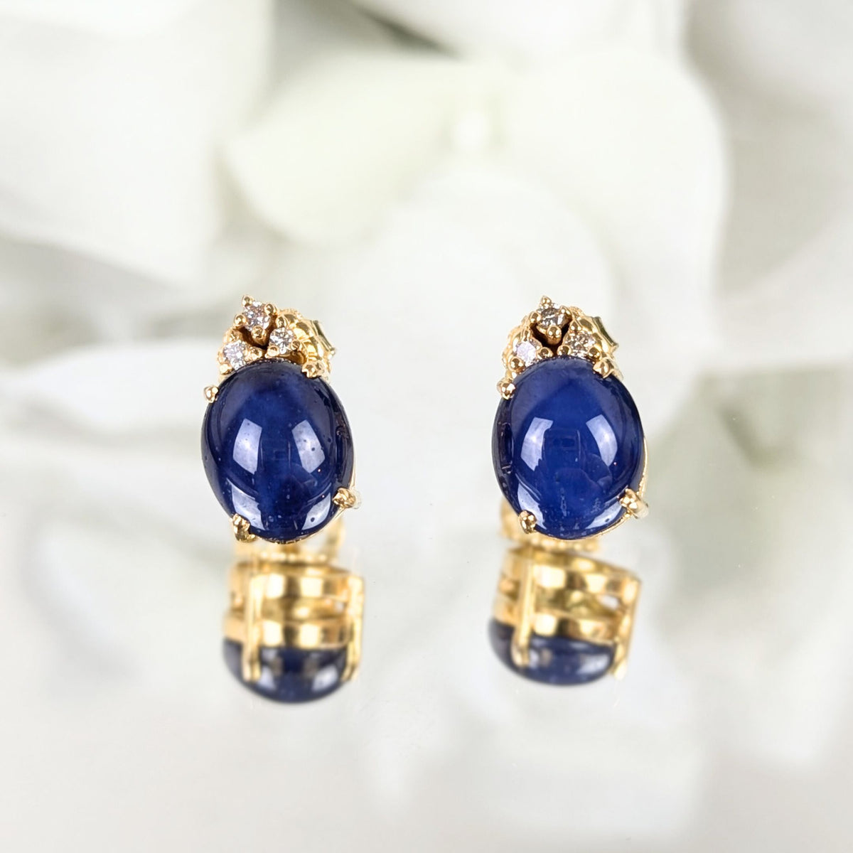 18K Gold Cobalt Blue Star Sapphire & Diamond Earrings