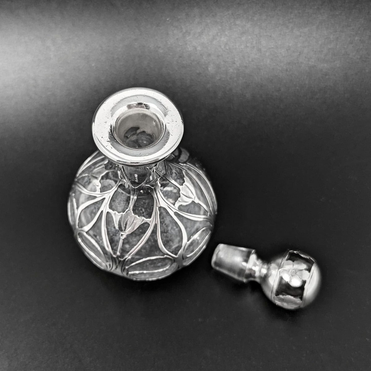 Gorham Art Nouveau Sterling Overlay Perfume Bottle, Monogrammed