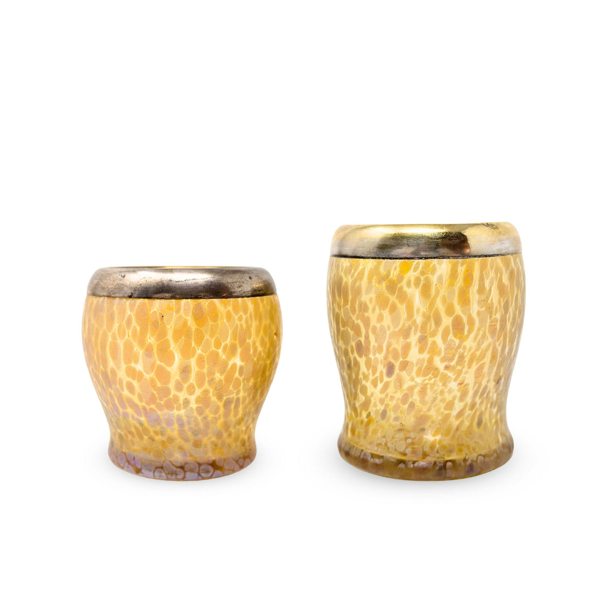 Pair of Small Art Glass Vases W/ Silverplated Brass Rims