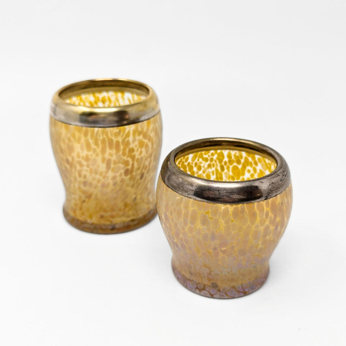 Pair of Small Art Glass Vases W/ Silverplated Brass Rims