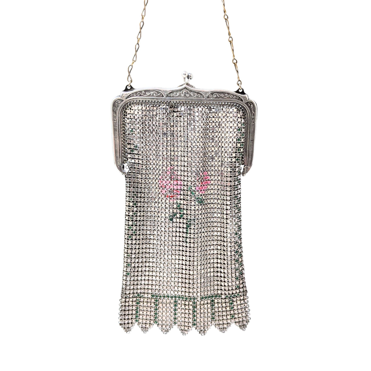 Whiting & Davis Floral Enameled Metal Mesh Bag