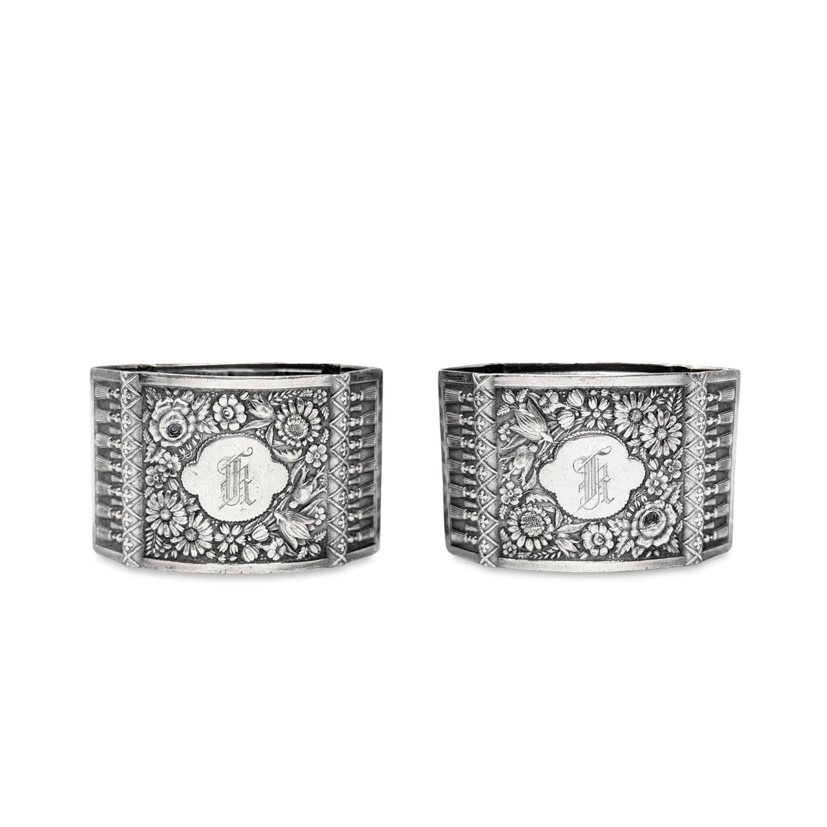 Victorian Silverplate Repousse Oval Napkin Rings (Pair) "K" Monogram