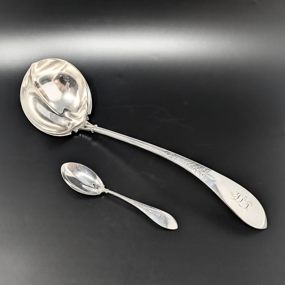 Gorham "Palm" Sterling Silver Soup Ladle & Teaspoon, Monogrammed JLT