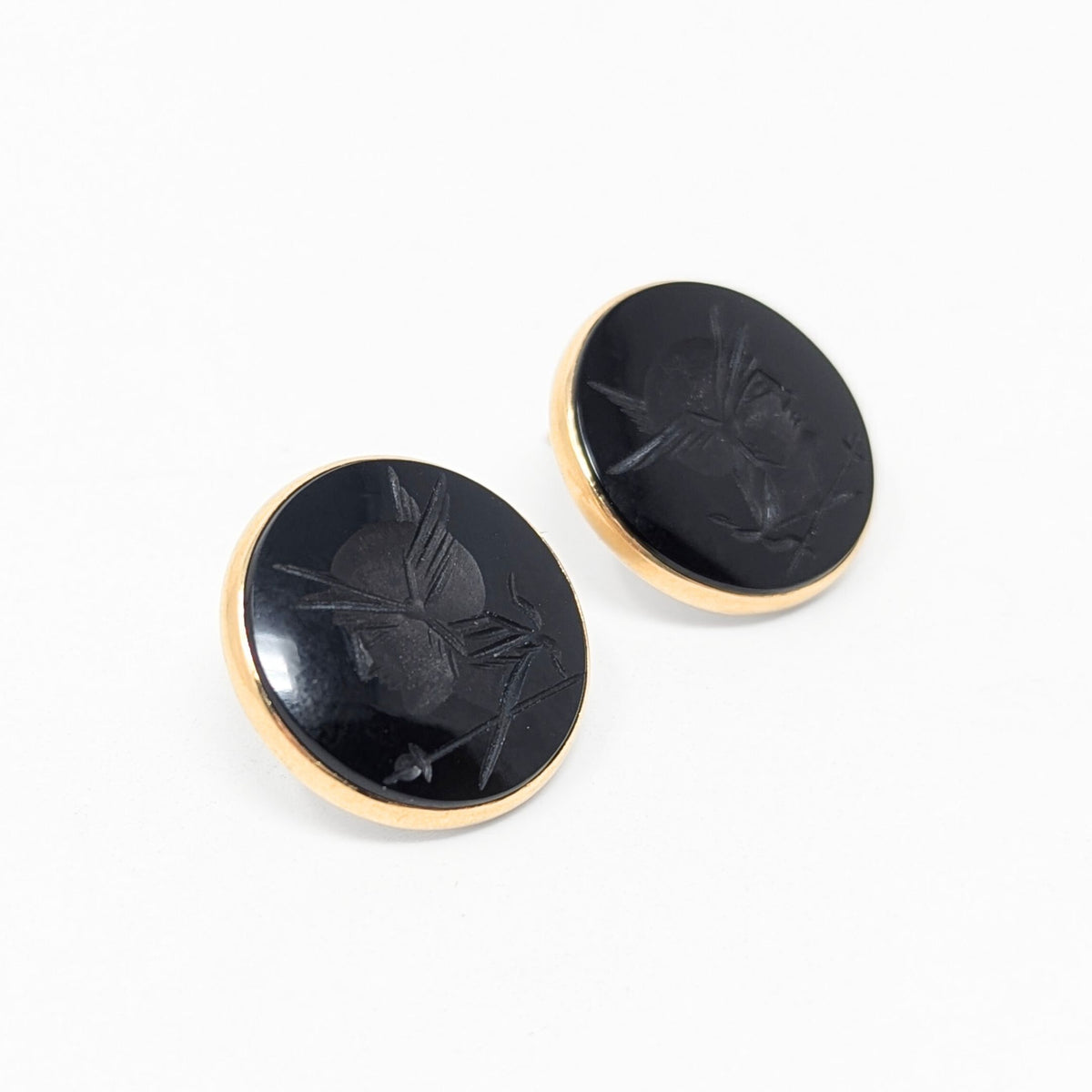 14K Gold 21mm Black Onyx Trojan Cameo Button Earrings