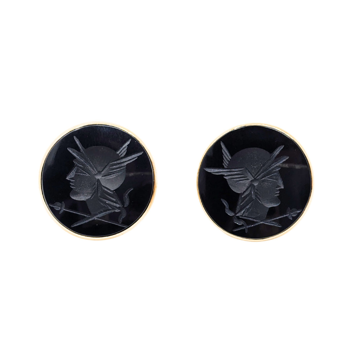 14K Gold 21mm Black Onyx Trojan Cameo Button Earrings