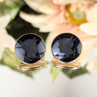 14K Gold 21mm Black Onyx Trojan Cameo Button Earrings