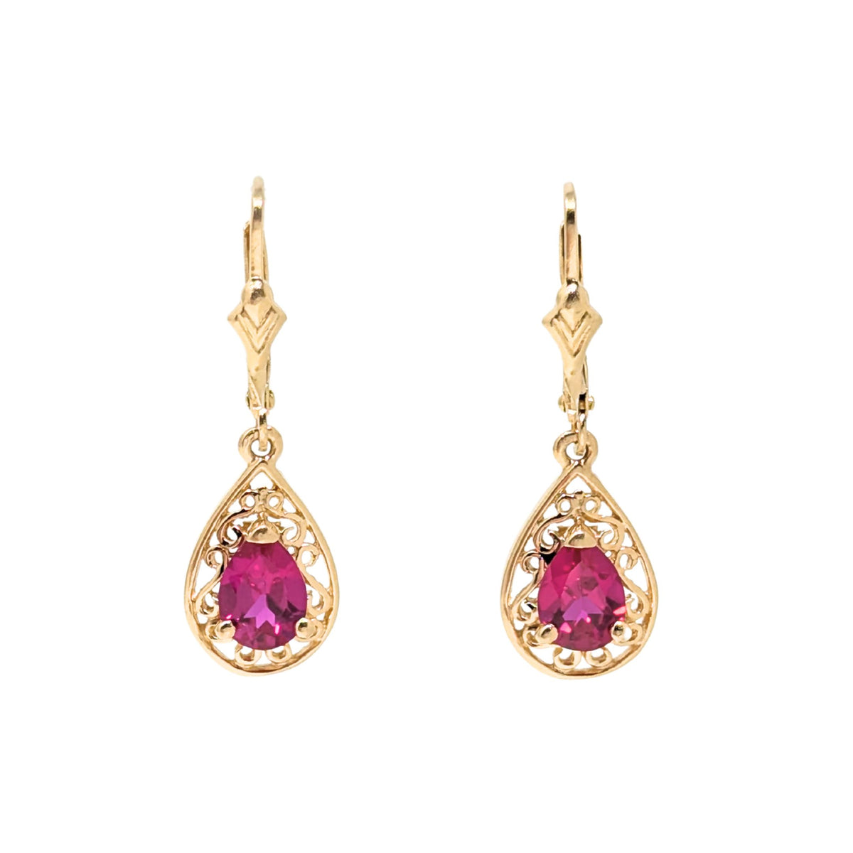 14K Gold Raspberry Sapphire Teardrop Earrings