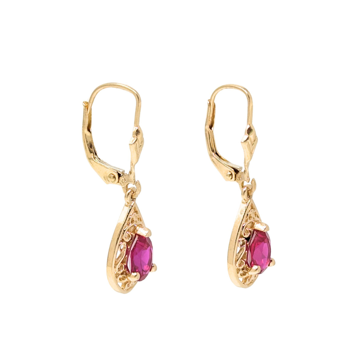 14K Gold Raspberry Sapphire Teardrop Earrings