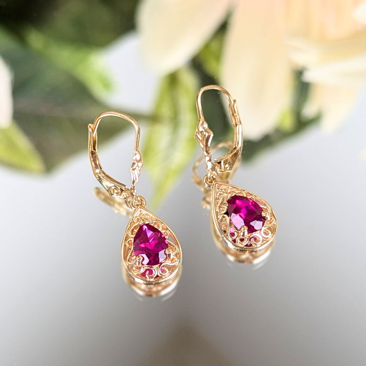 14K Gold Raspberry Sapphire Teardrop Earrings