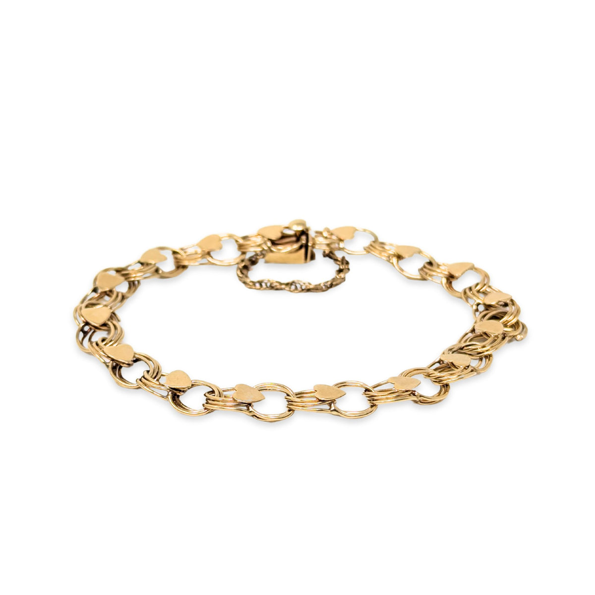 14K Gold Triple Link Heart Accent Charm Bracelet