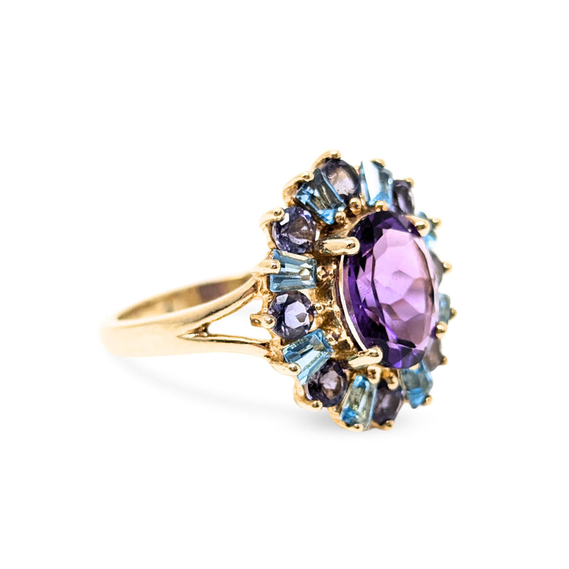 10K Gold Vintage Amethyst & Aquamarine Ring - Size 7.25