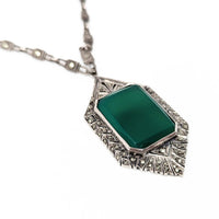 Antique Sterling Silver, Green Chrysoprase, Marcasite Art Deco 19” Necklace