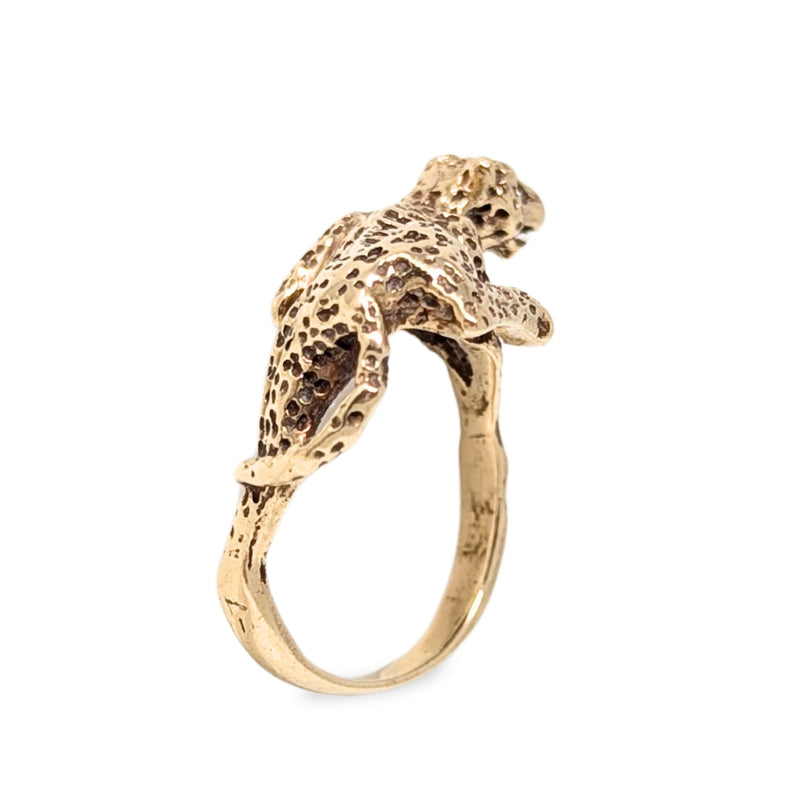 Vintage 14K Gold Leopard Ring W/ Diamond Eyes - Size 8