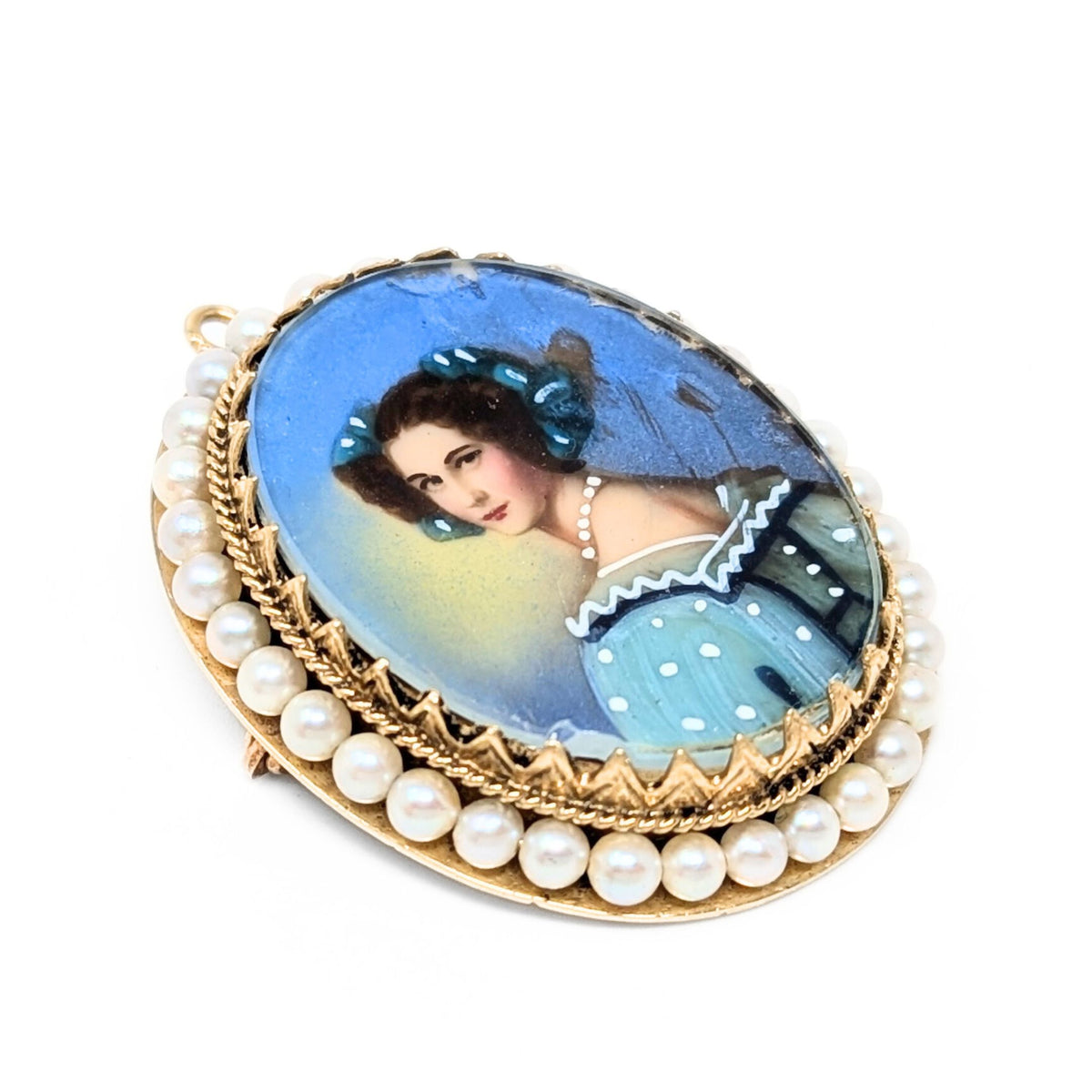 Victorian 14K Gold & Pearl Miniature Portrait Brooch/Pendant