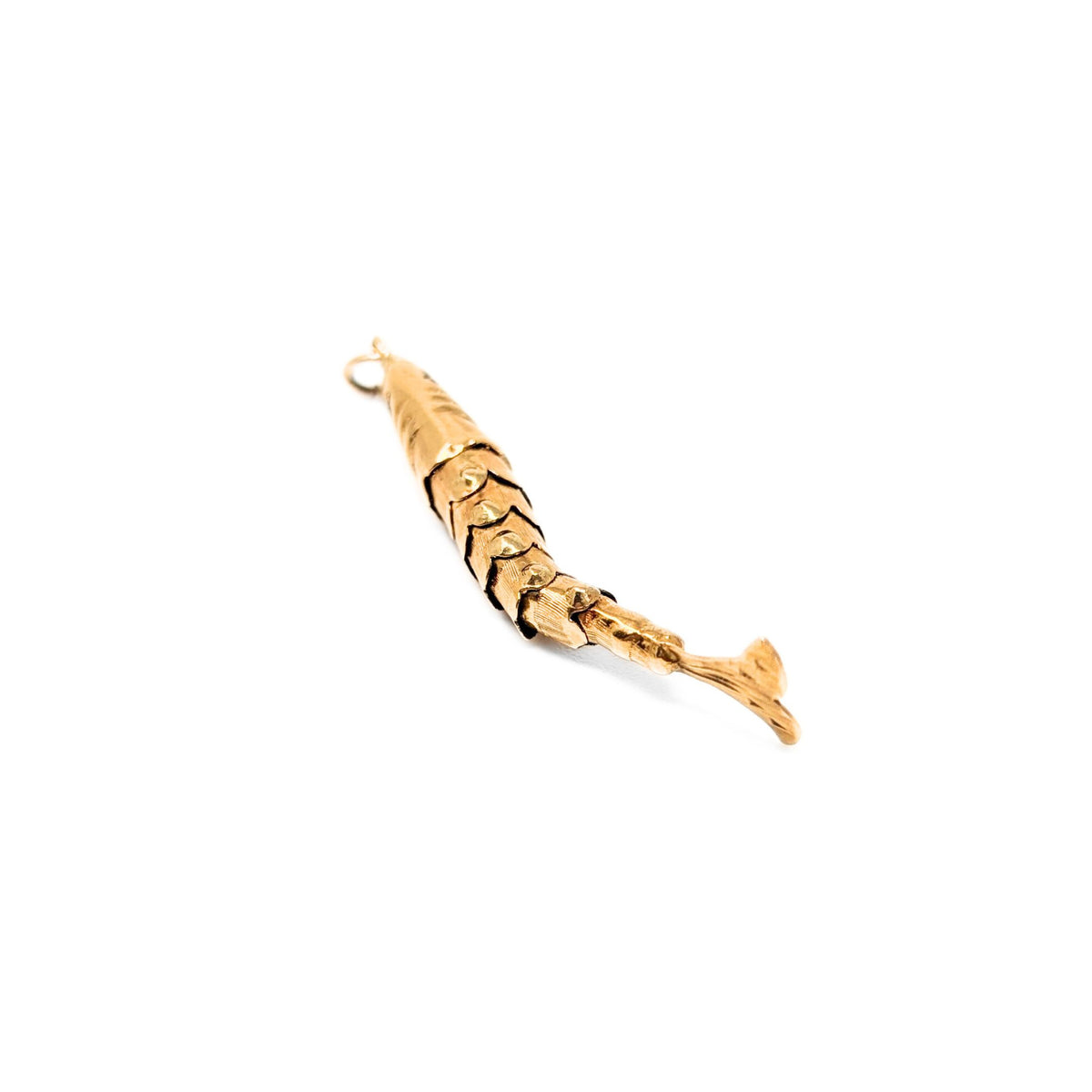 18K Gold Articulated Fish Charm W/ Ruby Eyes