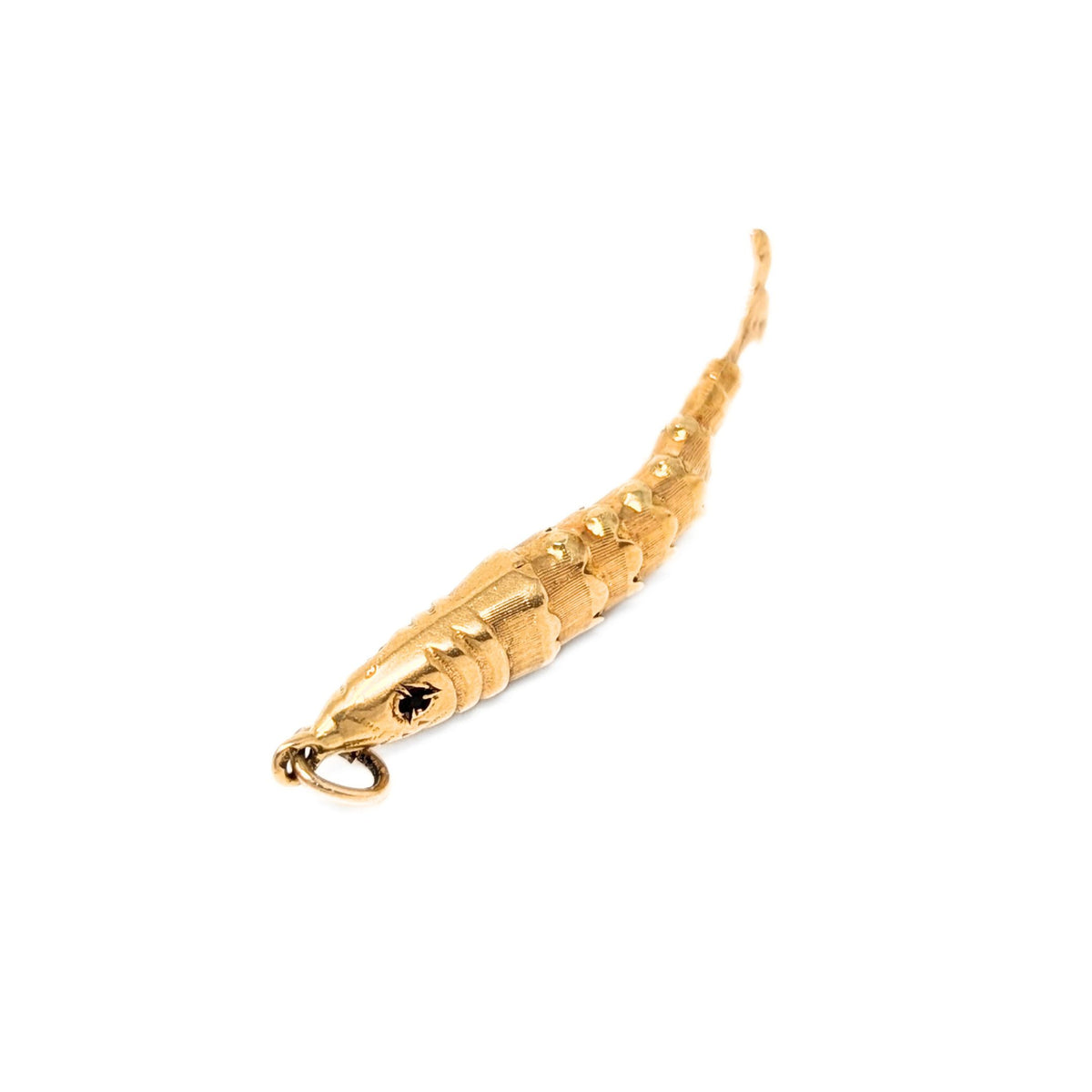 18K Gold Articulated Fish Charm W/ Ruby Eyes