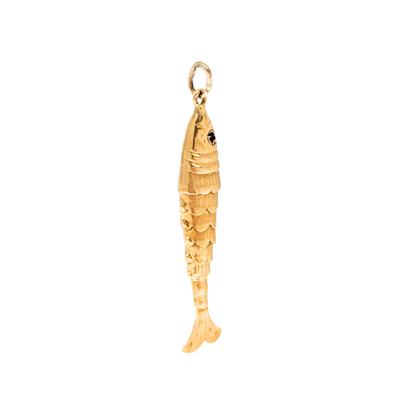 18K Gold Articulated Fish Charm W/ Ruby Eyes