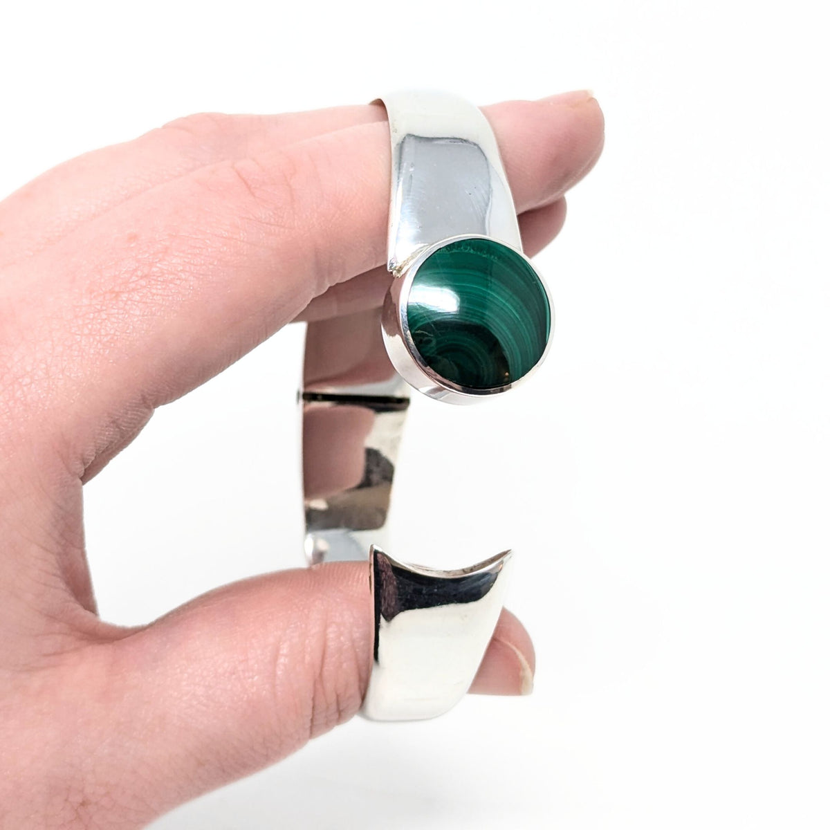 Taxco Sterling & Malachite 7” Hinged Modern Bangle Bracelet