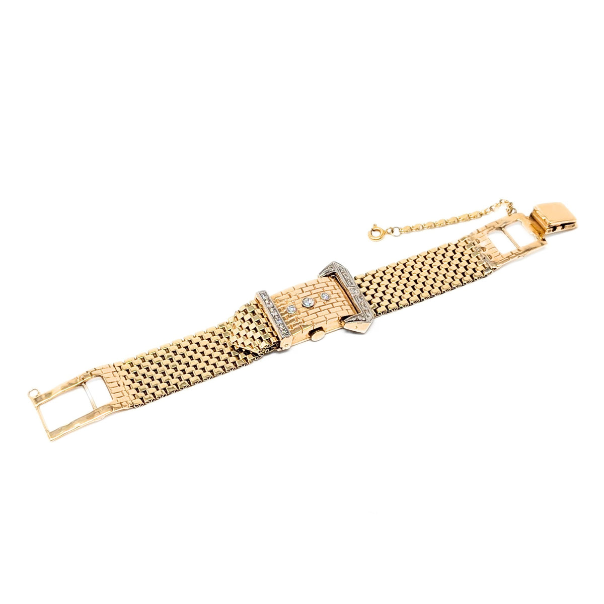 Vintage 14K Gold & Diamond Buckle Weave Hidden Watch Bracelet