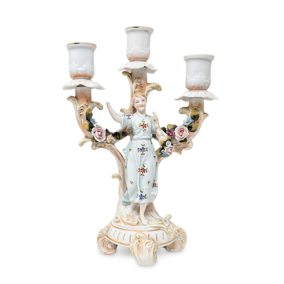 Dresden Style Porcelain Figural Three-Branch Candelabras (Pair)