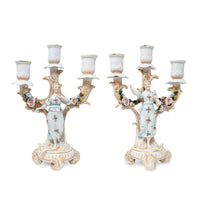 Dresden Style Porcelain Figural Three-Branch Candelabras (Pair)