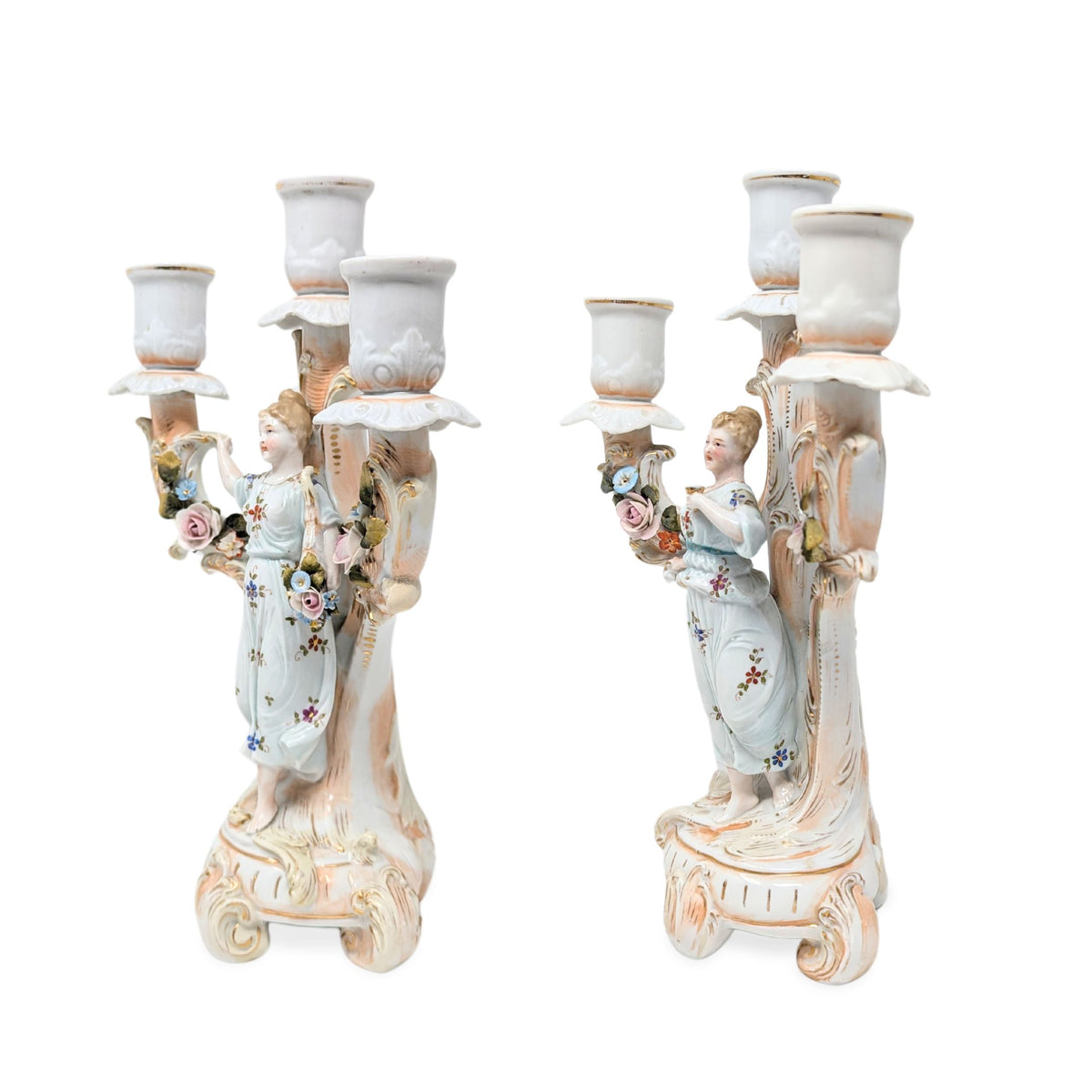 Dresden Style Porcelain Figural Three-Branch Candelabras (Pair)