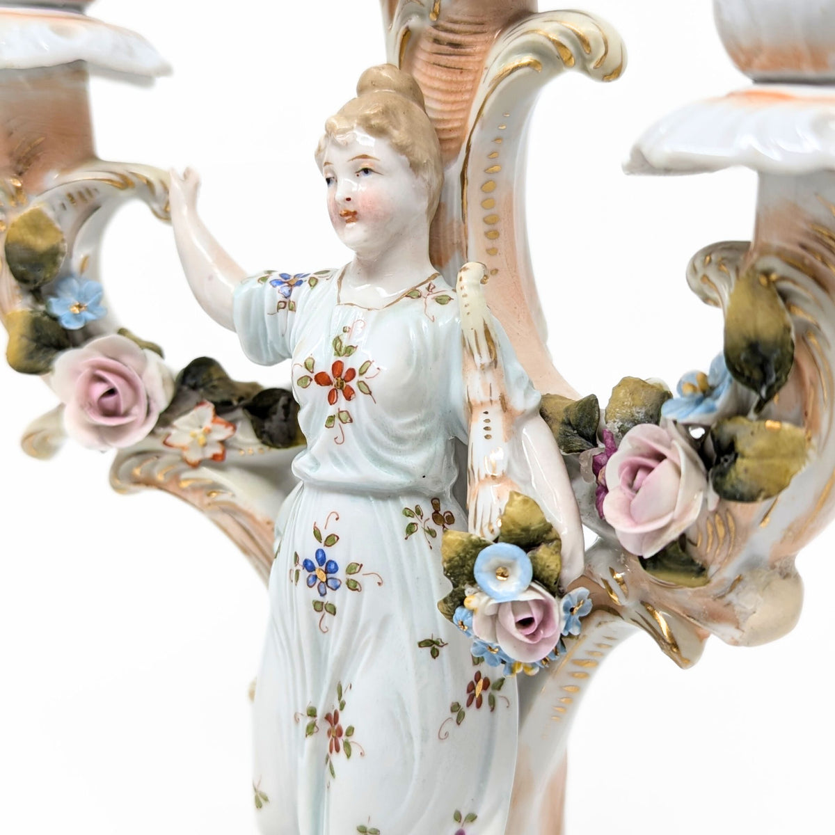 Dresden Style Porcelain Figural Three-Branch Candelabras (Pair)